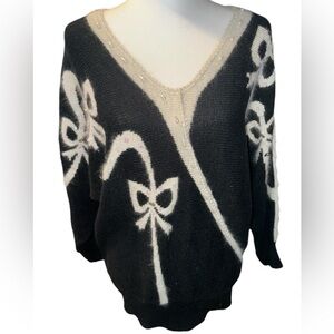 Vintage Angora Blend Beaded Bow Knit Sweater Womens Large Faux Pearl 80s Fuzzy